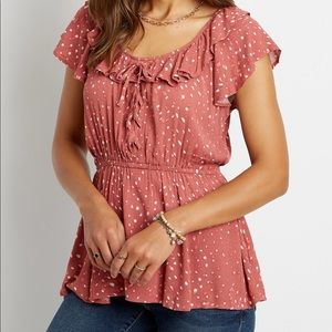 Polka Dot Lace Up Flutter Neck Peplum Top